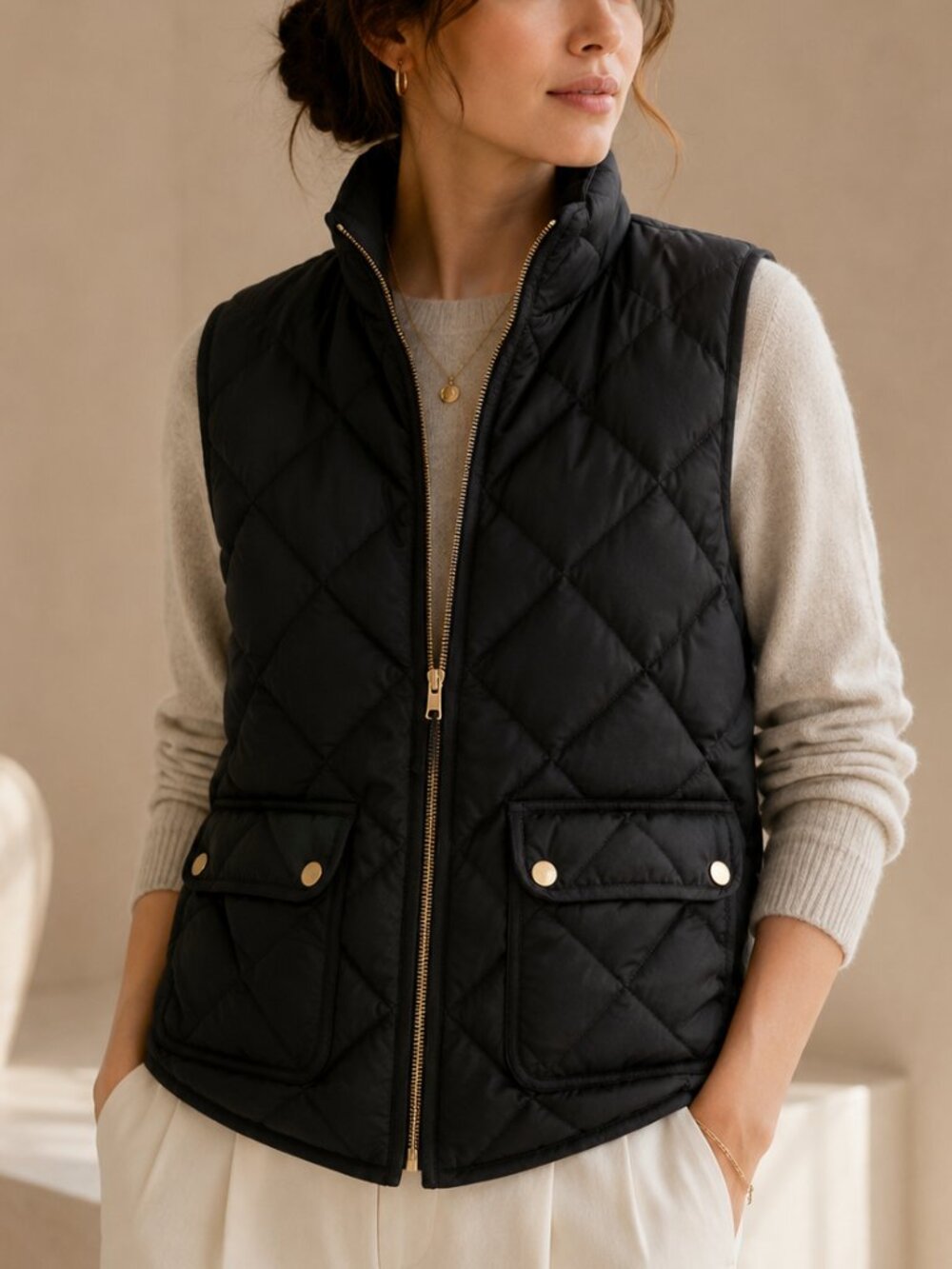 J. Crew Excursion Quilted Down Puffer Vest Black Gold Snap Pockets XL